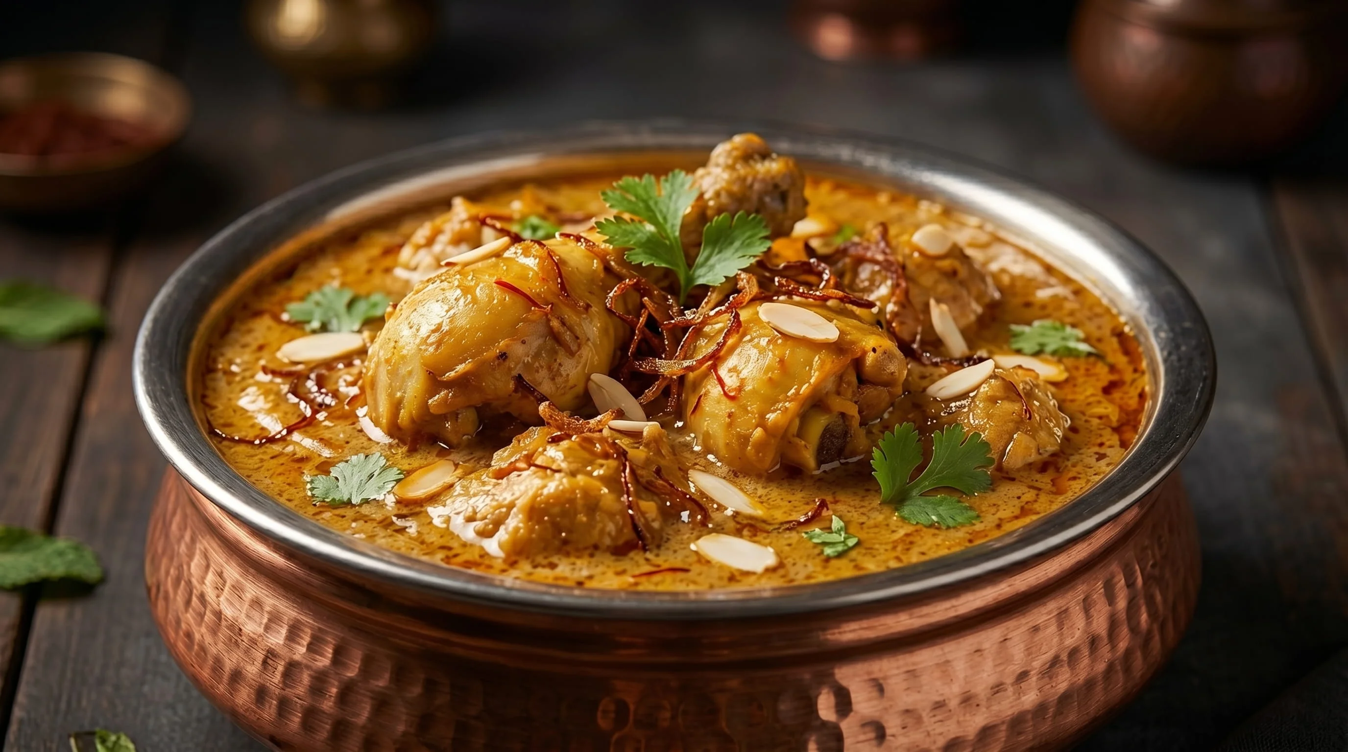 Traditional chicken qorma with rich oily gravy and toasted almonds